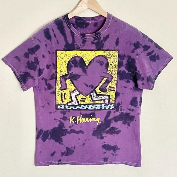 Keith Haring Running Heart Graphic Tie Dye Purple Yellow T Shirt Adult Small - Picture 3 of 9